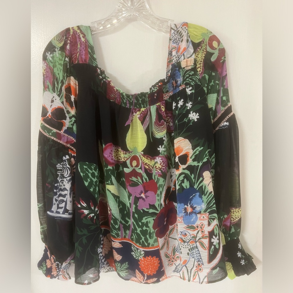 Anthropologie M Lil Sire Puff Sleeve Smocked Floral Garden Boho Top